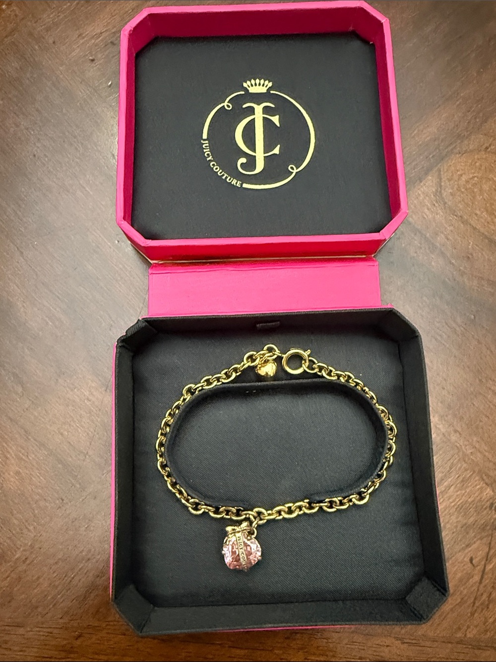 Vintage Juicy Couture Gold Chain Bracelet with Pink Crystal Heart Charm